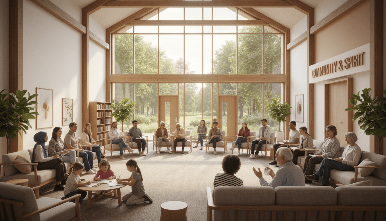 Community members gathering in church setting